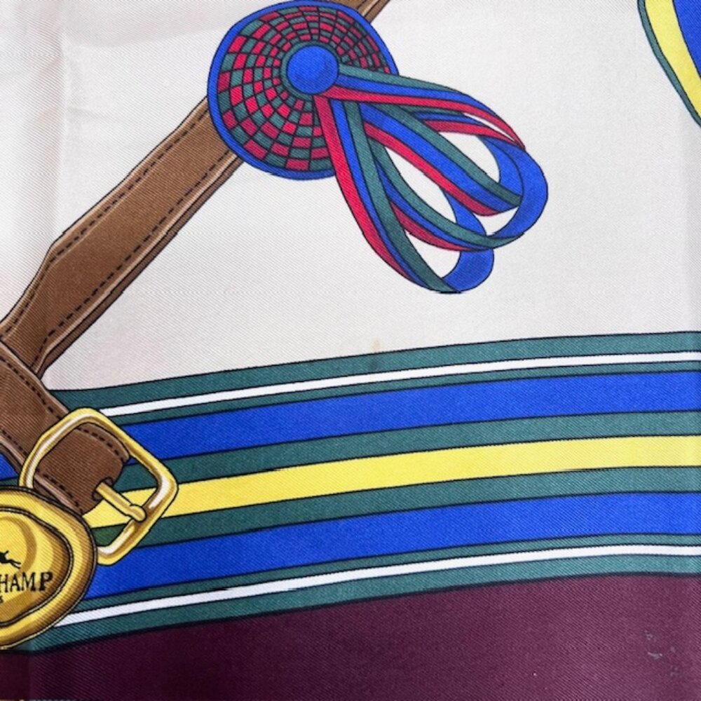 Vgt Longchamp Paris 100% Silk Satin Scarf, ivery navy blue burgend bow logo(2) - Picture 9 of 12